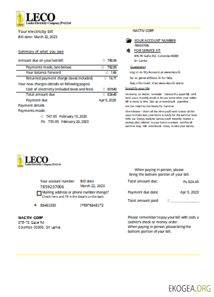 Facture commerciale d'électricité de LECO Corporation, SCR